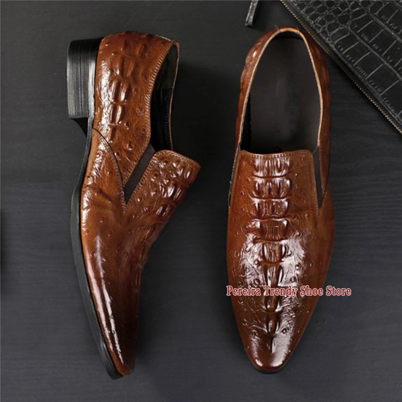Crocodile Pattern Genuine Leather Men's Loafers Summer New Pointed Toe Business Dress Shoes British Brown Black Cowhide Shoes