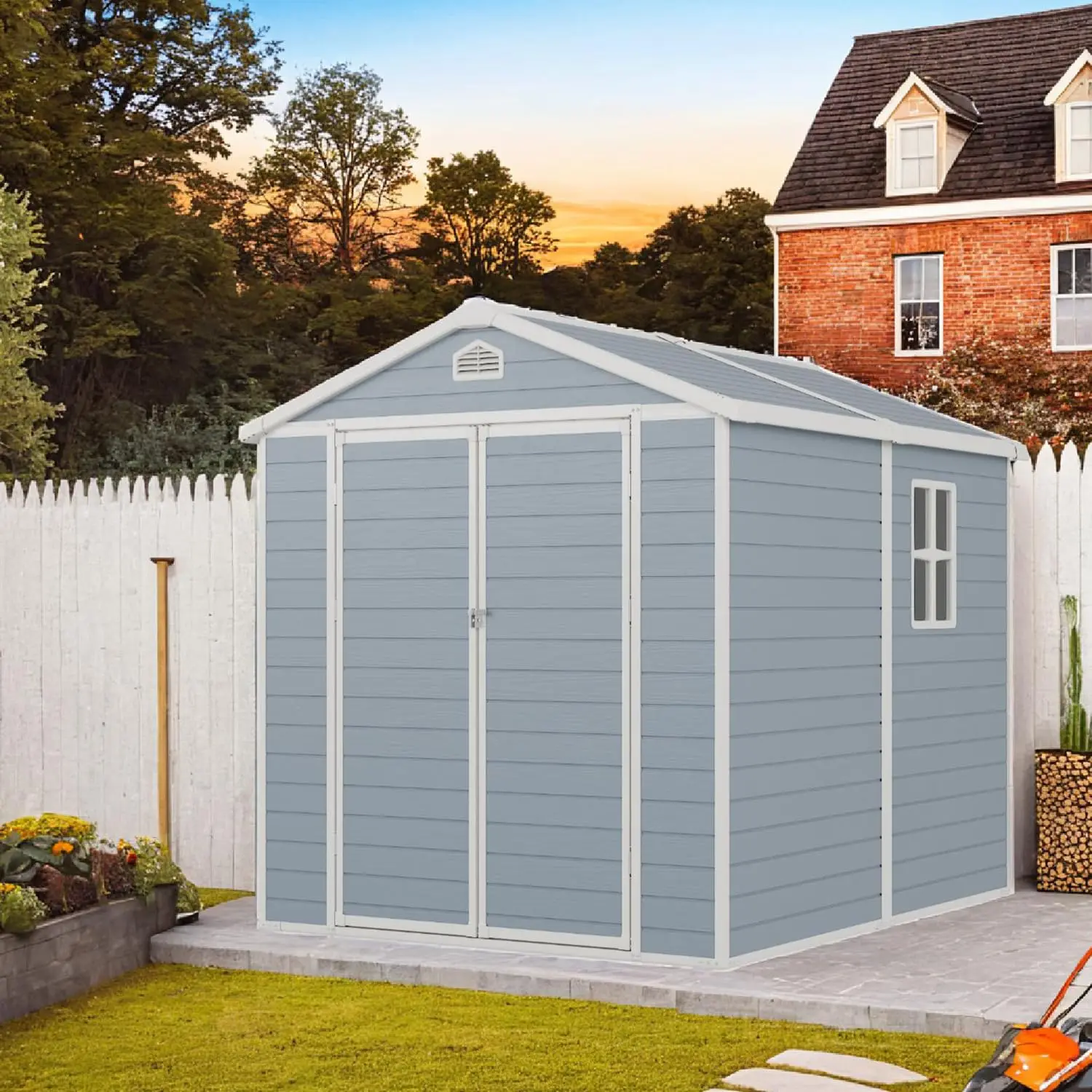 Outdoor Storage Shed 8X6 FT Resin Floor Lockable Doors 260 CU.FT Waterproof Patio Cabinet Plastic, Customized