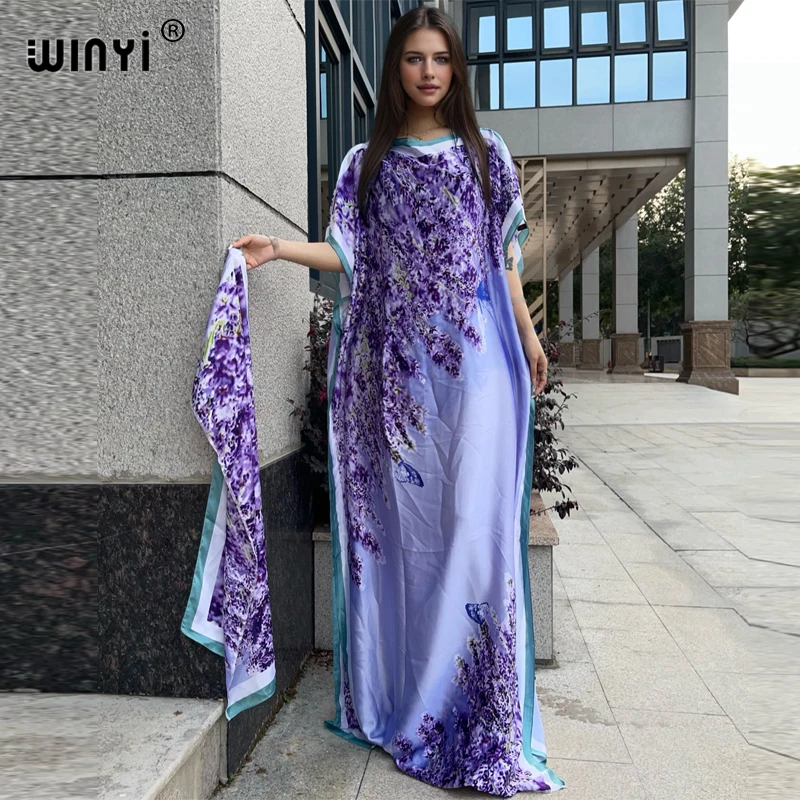 

WINYI 2024 New African Women Dashiki boho print muslim woman dubai Free Size Design With Scarf Maxi Loose African Elegant Dress