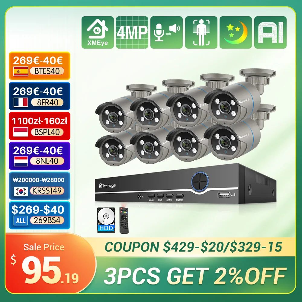 Techage 8CH 4MP POE Security Surveillance Camera System Kit AI Face Detection Audio Record IP Camera H.265 CCTV Video NVR Set