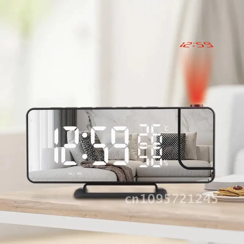 

LED Digital Mirror Projection Alarm Clock Home USB Radio Thermometer Time Watch Projector Gift Wake Snooze Hygrometer FM 180° Up