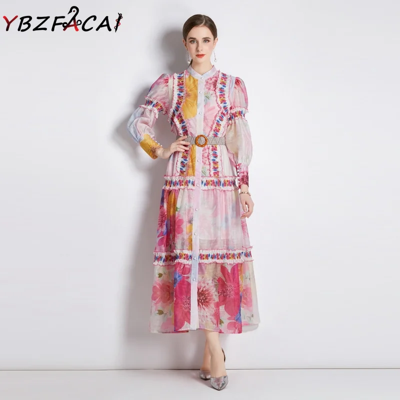 

Vacation Pink Print Chiffon Dress Women 2022 Fall Lantern Sleeves Colorful Stand Collar Ruffle Dress Single Breasted Midi Dress