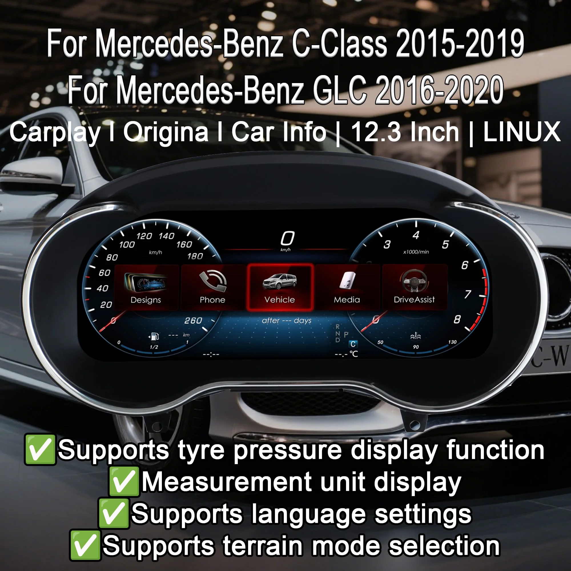 

Цифровая приборная панель для Mercedes-Benz C-Class 2015-2019/GLC 2016-2020, спидометр, приборная панель 12,3-дюймовый полный ЖК-дисплей CarPlay