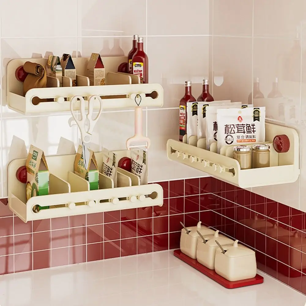 

Moisture Resistant Suction Cup Kitchen Shelf 3 Hooks Detachable Wall Mounted Spice Organizer Multifunctional Space Saving