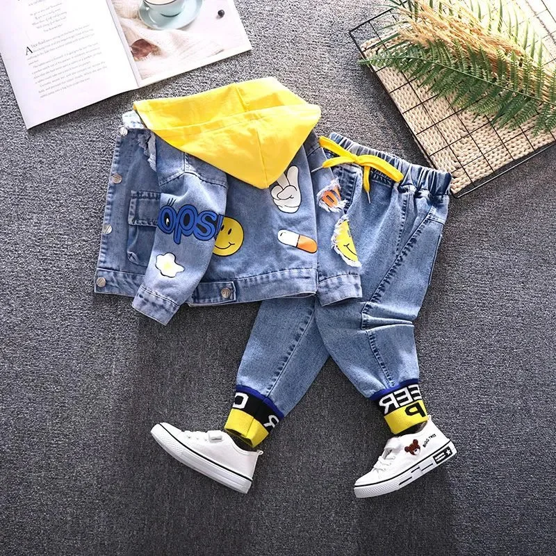 

Boys Fashion Denim Set For Spring Autumn 2023 New Kids Clothes Casual Hooded Cartoon Print Jacket & Jeans 2 Pieces Suits 80-130