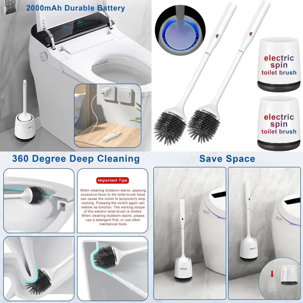 

Rechargeable Electric Toilet Brush with Silicone Bristles and Wall-Mounted Holder