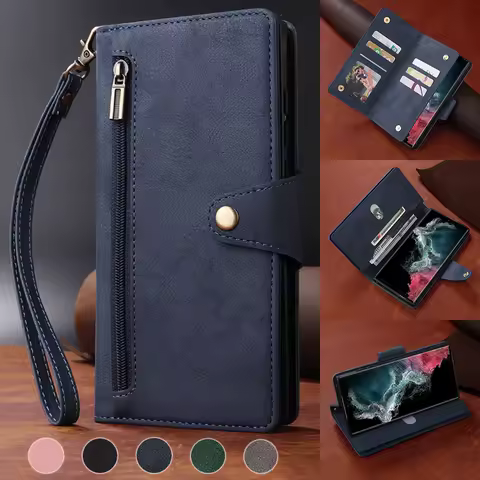 Wallet Rivet Buckle Zipper Leather Case For Samsung Galaxy S22 Ultra S21 Plus S20 FE A12 A13 A23 A32 A33 A51 A52 A53 A71 A72 A73