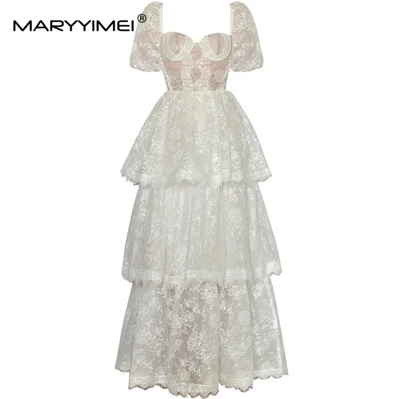 

MARYYIMEI Spring Summer Women's Ball Gown Dress Square-Neck Puff Sleeve Lace Embroidery Elegant Party Dresses