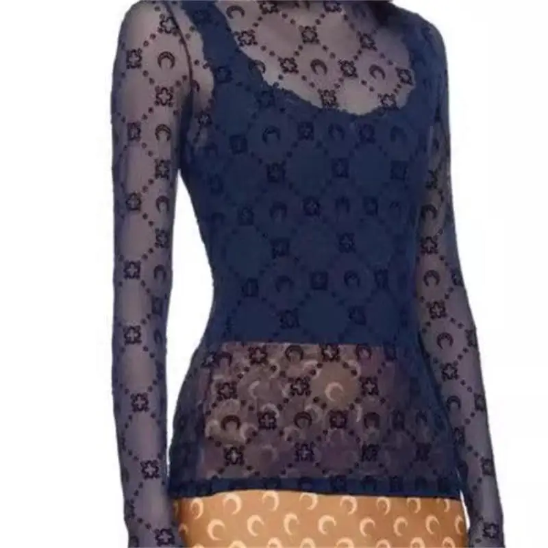 Y2K Sheer Mesh T-Shirt Women Moon Print Flocked Long Sleeve Blouse New Fashion Sexy Casual Tulle Top Versatile Chic