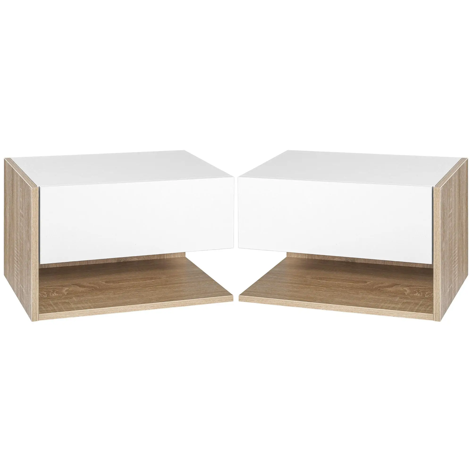 Lot de 2 tables de chevet murales bicolores Blanc Chêne clair avec tiroir coulissant et étagère