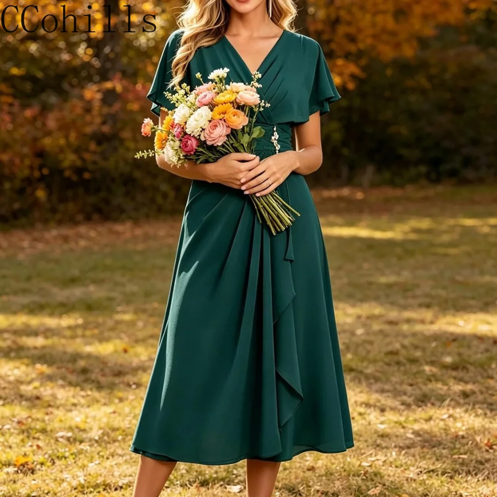Vestidos de gasa de longitud media para la madre de la novia, con cuello en V, mangas con volantes y plisados, para invitadas de boda.