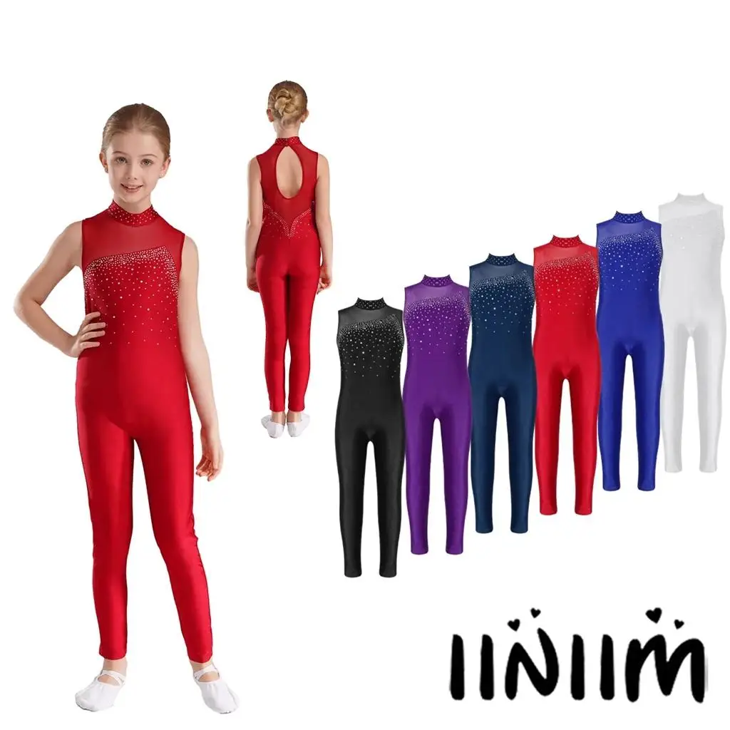 

Girls Sleeveless Rhinestone Dance Gymnastic Dance Leotards Figure Ice Skating Athletic Activewear Jumpsuit Jazz Dance Unitard