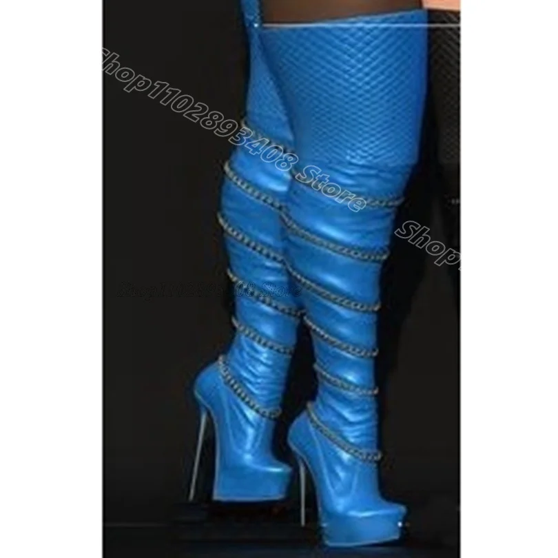 Blue Chain Decor Platform Boots Round Toe Stiletto British Style for Women Winter Dress Over Knee Boots 2024 Zapatos Para Mujere