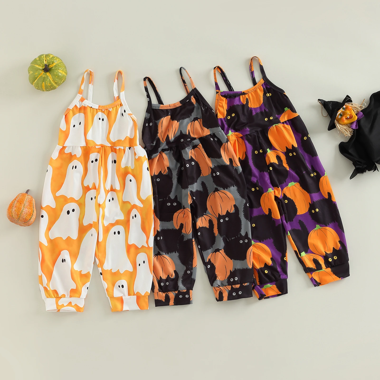 1-6Y Toddler Kids Girls Halloween Romper Ghost/Cartoon Cat Pumpkin Print Sleeveless Sling Jumpsuit Playsuits Kids Overalls