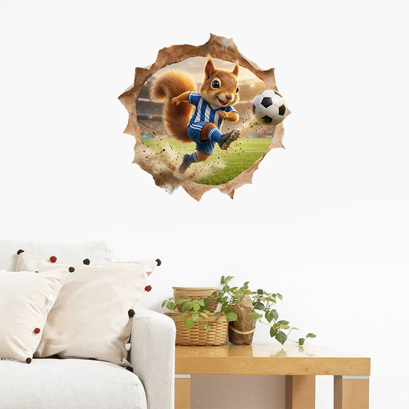 Tear Squirrel Soccer Player Wall Stickers Cute Animal Football Breaking Wall Decals Removable Fun Game Room Bedroom Decor