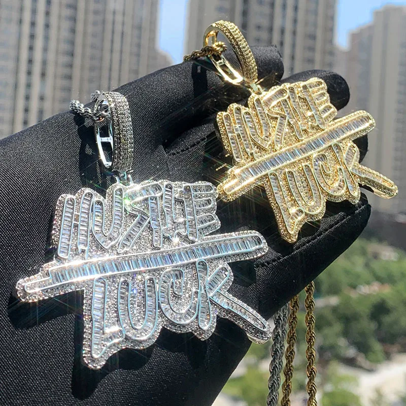 

Ожерелье с подвеской HUSTLE LUCK в стиле хип-хоп, инкрустированное камнями CZ 3A+, для мужчин, рэперские украшения, золотистого и серебристого цвета