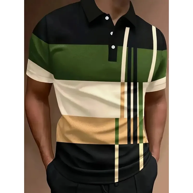 Men's Polo Shirt Simple Striped T-shirt Fashion 3d Printing Short-sleeved Lapel Body Shirt Casual Business Men's Polo Shirt