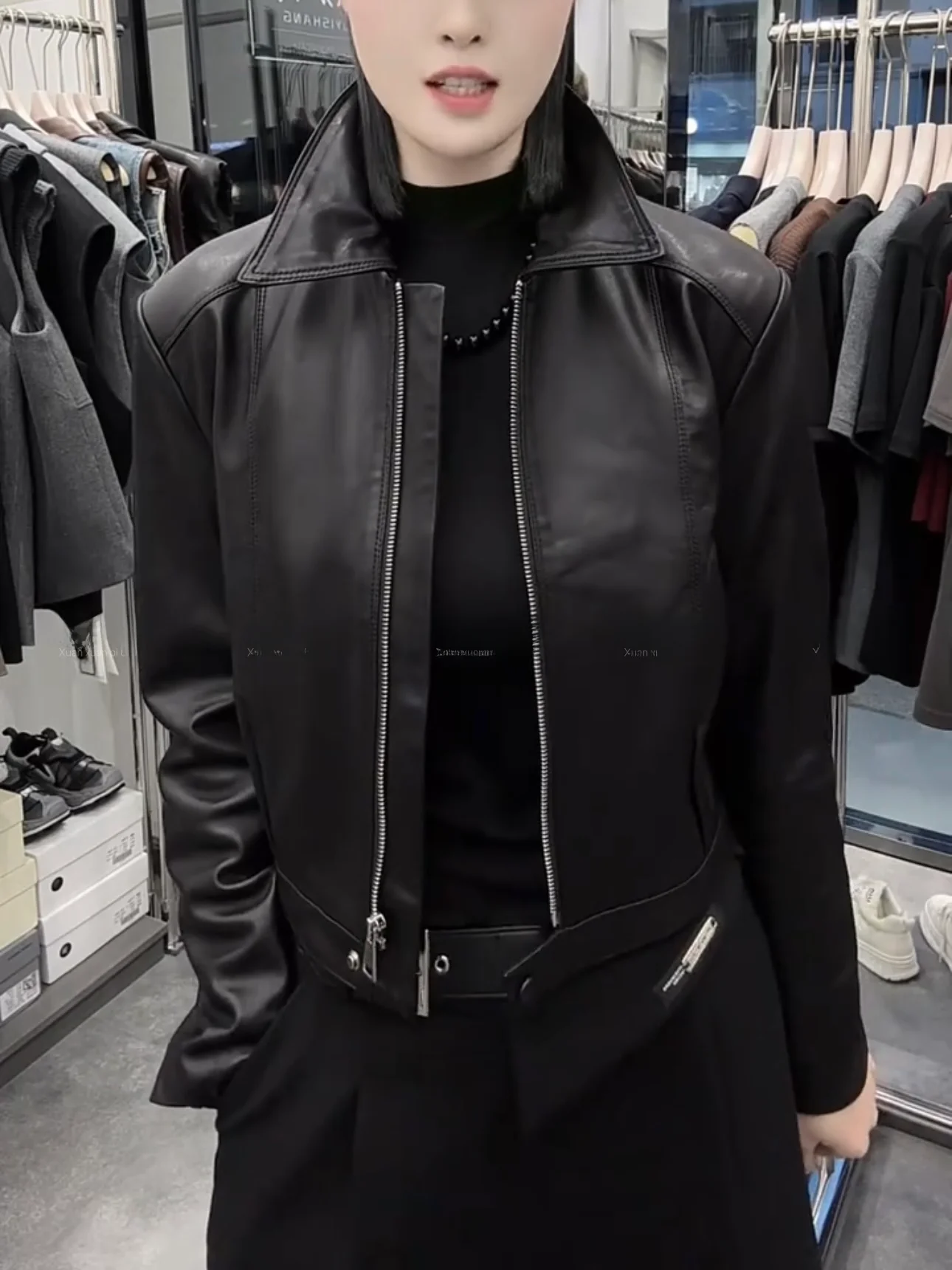 

Trendy ort Genuine Leather Jaet Women's Motorcycle Zipper Coat Stand Collar Slimming Sli Anti-Aging Outerwear Top