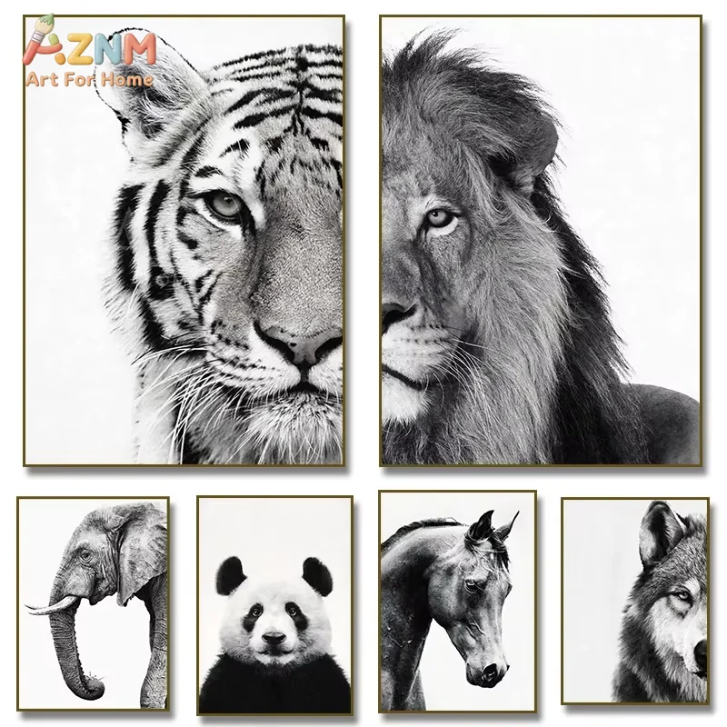 Black and White Rhino Wolf Tiger Lion Face Elephant Panda Horse Poster Canvas Painting Print for Living Room Home Decoration