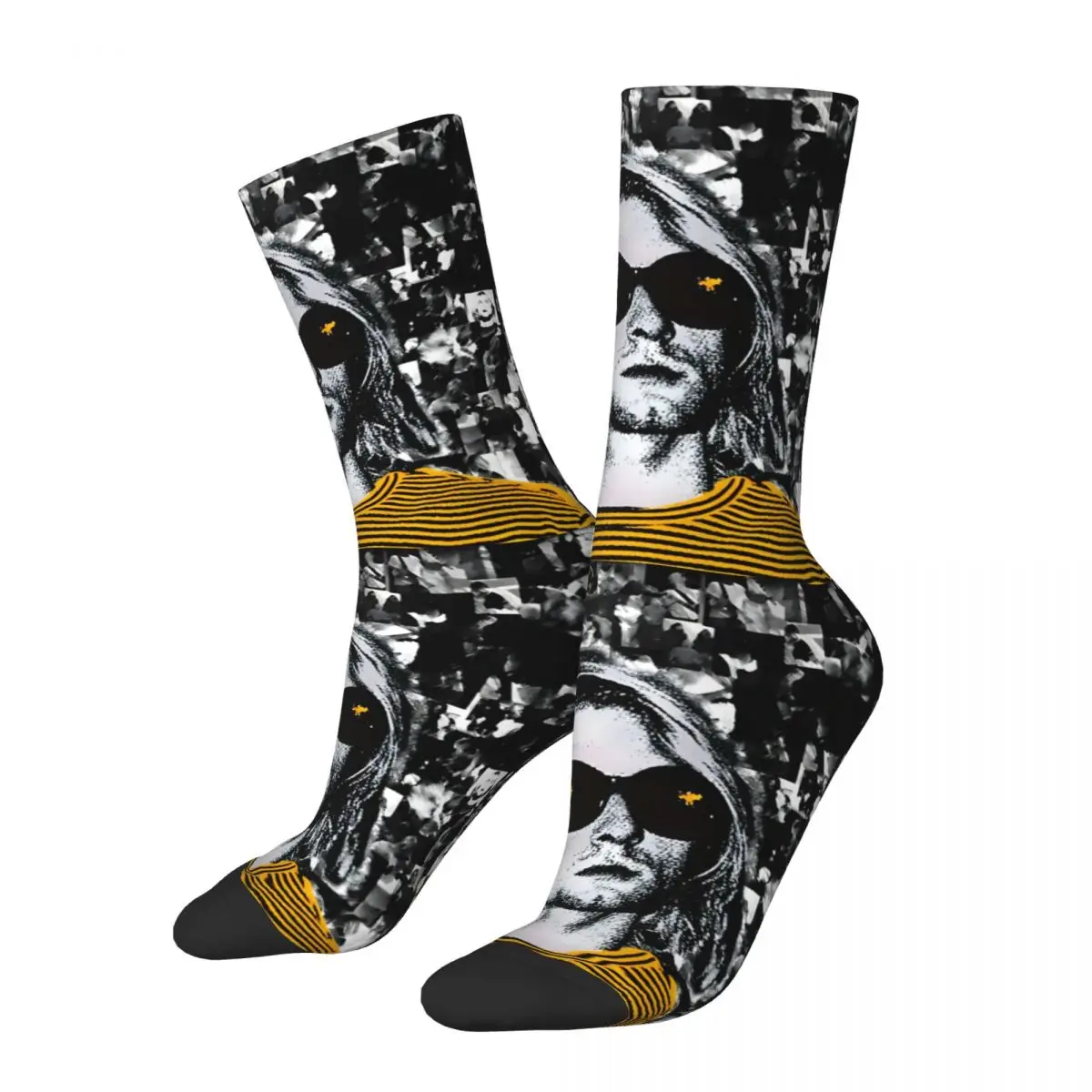 Funny Crazy compression Yellow Sock for Men Hip Hop Harajuku K-Kurt Singer Cobain Happy Quality Pattern Printed Boys Crew Sock