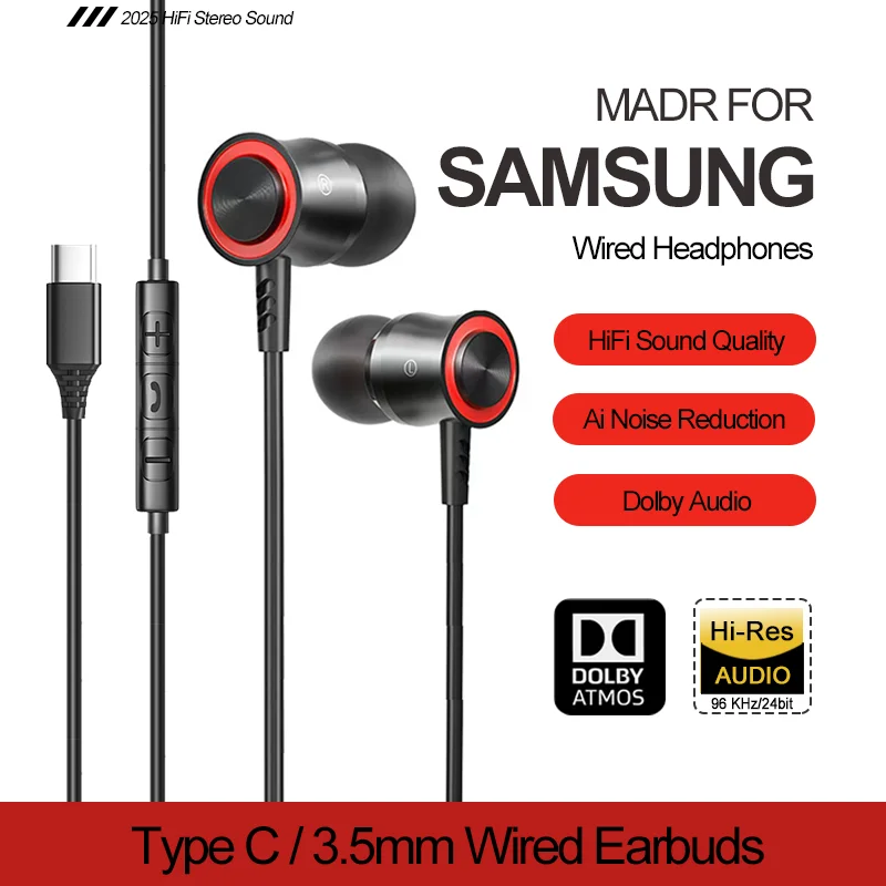 USB C Headphones Dolby Sound With Noise Reduction Type C 3.5mm Music Wired Earbuds For Samsung Galaxy S24 S23 Ultra iPhone 16 15