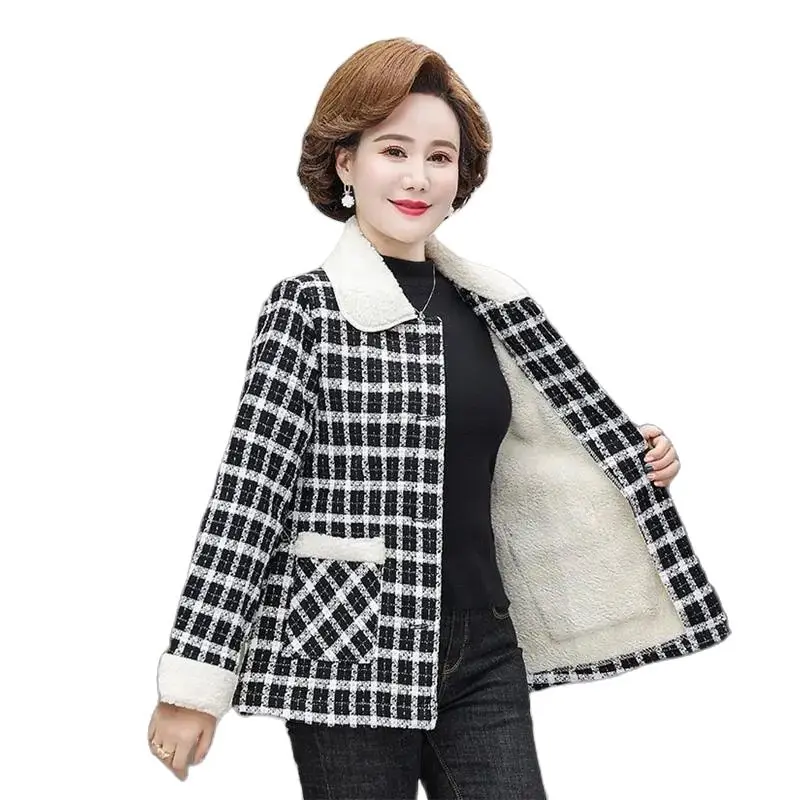 

Middle-Aged And Elderly Women's Autumn Winter Jackets Loose Add Velvet Warm Casual Short Lattice Coat Female Outerwear