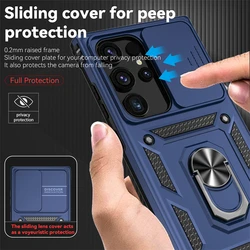 Ring Stand Slide Camera Lens Armor Case For Samsung Galaxy S24 S23 S22 S21 Ultra S20 FE Plus A25 A35 A55 A14 A34 A54 5G Cover