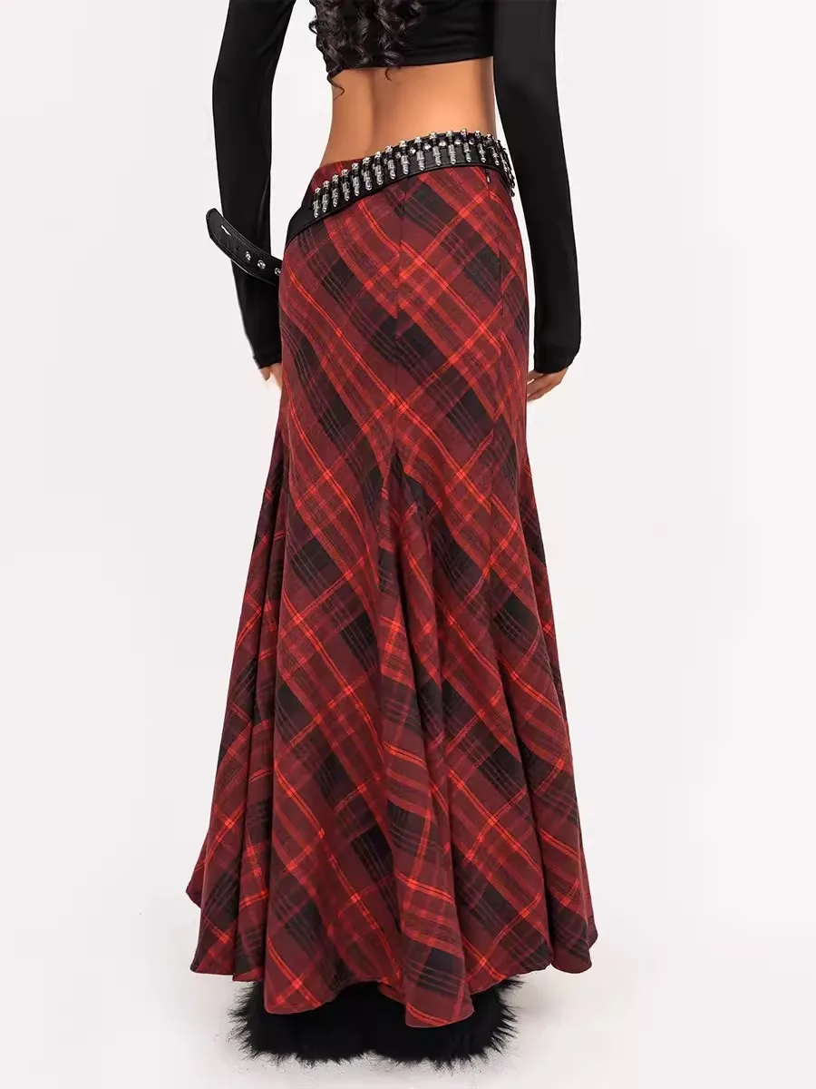 REDDACHiC Retro Red Plaid Fishtail Skirt Women High Waist Flowy Ruffle Patchwork Maxi Long Skirt Casual Korean Bodycon Skirt