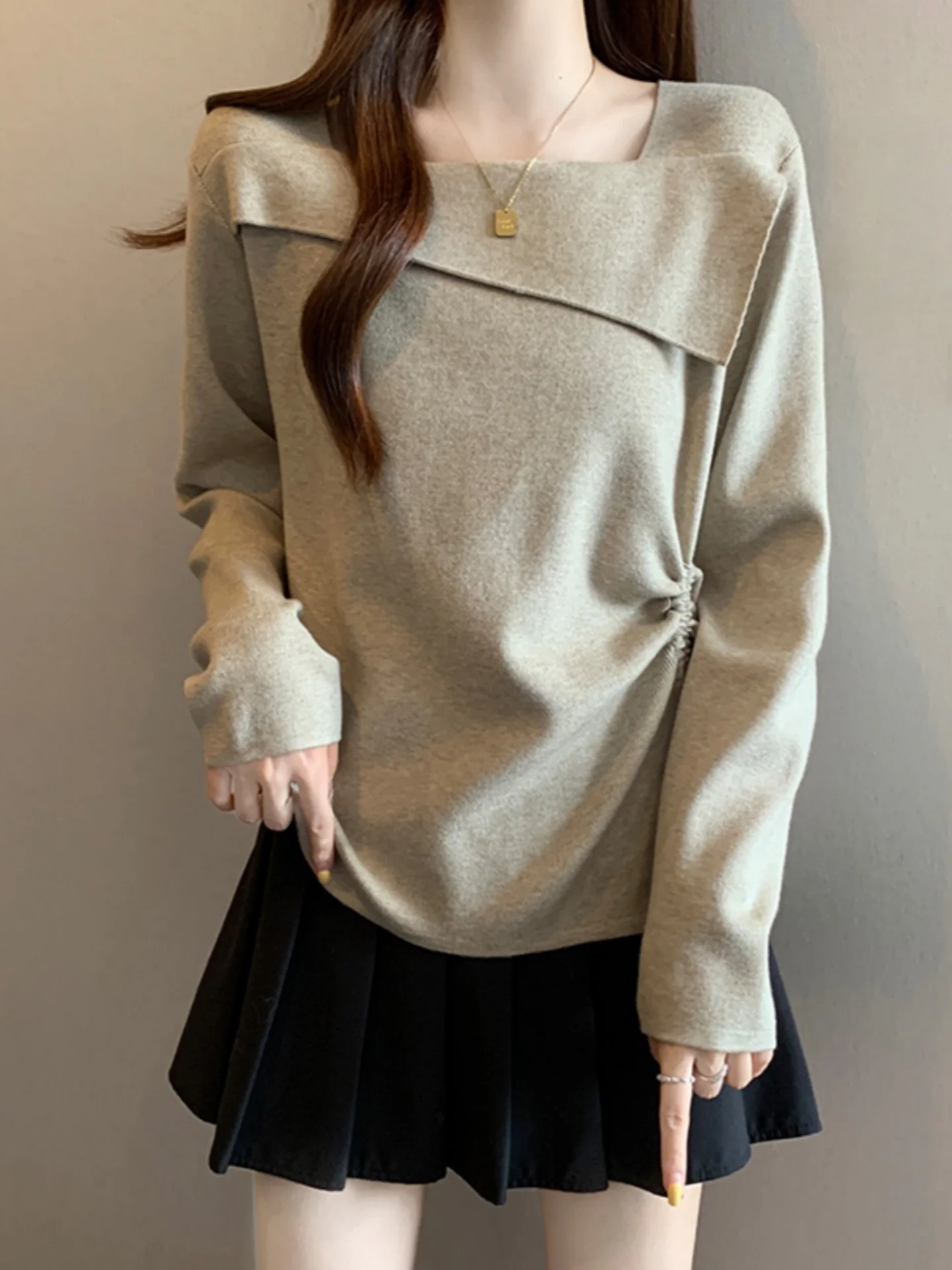 Slimming Design Knitted Base Shirt One Shoulder Long Sleeve Square Collar Women's Spring Autumn plus Size Drawstring Top