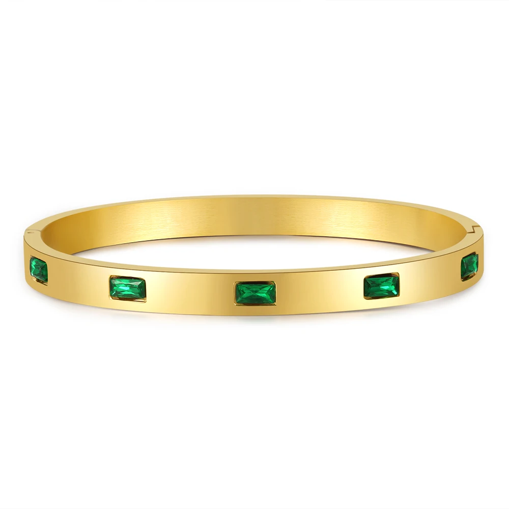 Trendy Chic Green Cubic Zircon Stainless Steel Bangle Bracelet for Women Charm Texture Simple Gold Color Open Bangle Accessories