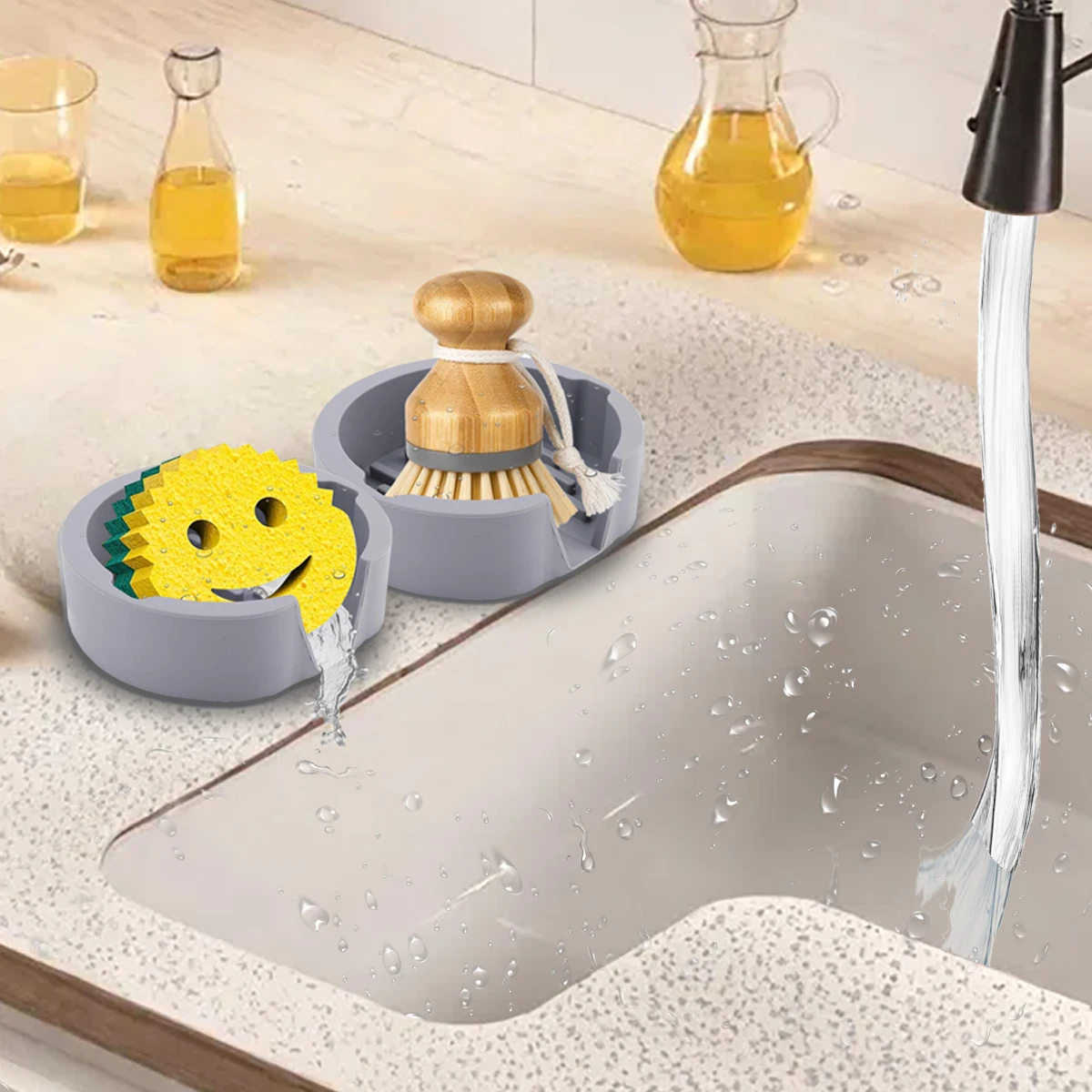 Large Kitchen Sponge Holder Compatible with Scrub Daddy Sponge - Silicone Sponge Holder That Drains into Your Sink - Fits Dish B