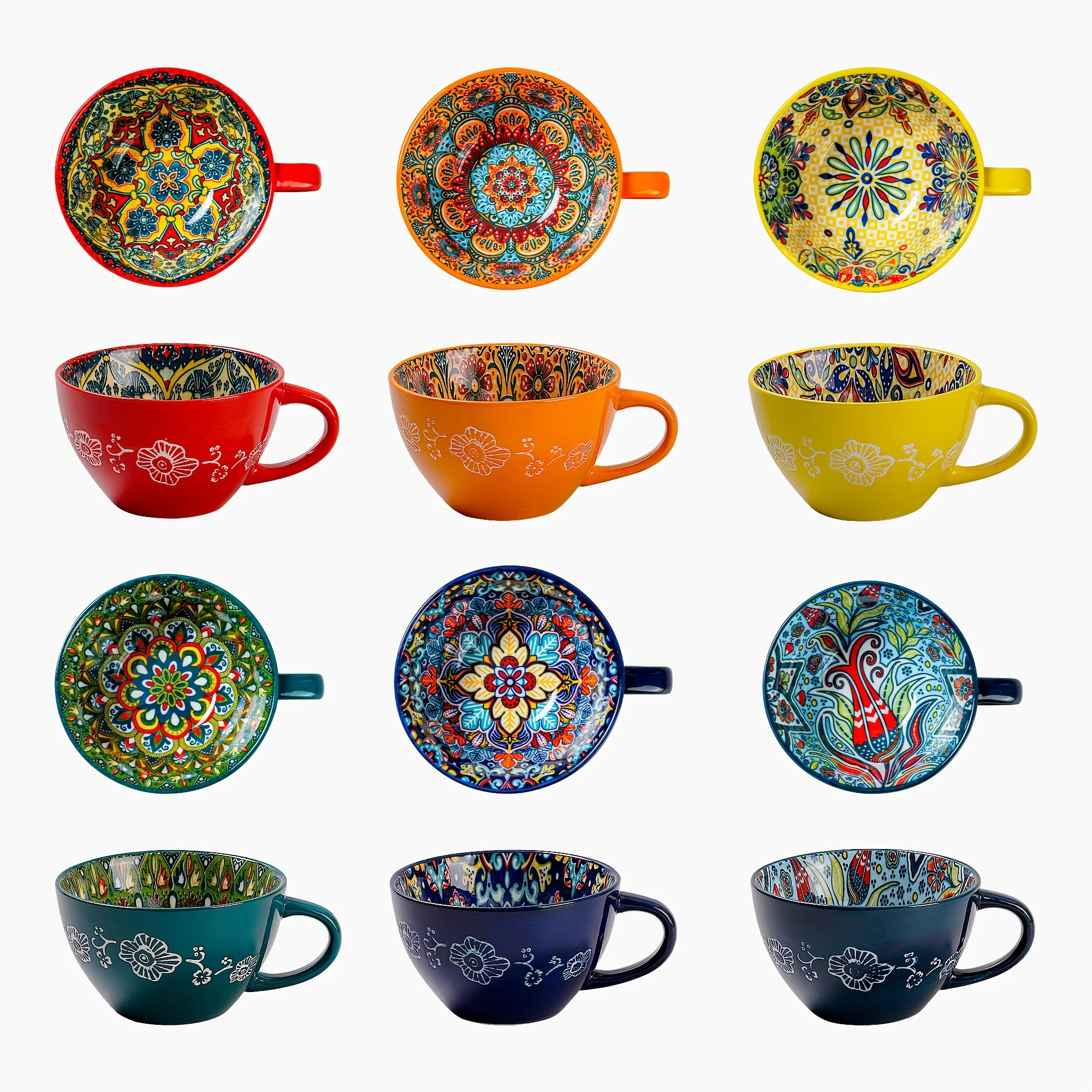 

6pcs, Bohemian Ceramic Cup Set, 15oz Breakfast Cup, Large Capacity Water Cup, Microwave Heating, Milk Coffee Cup, Suitable for Office, Home Utensils, Holiday Gifts, Halloween, Thanksgiving, Christmas Gift Ceramic Cup