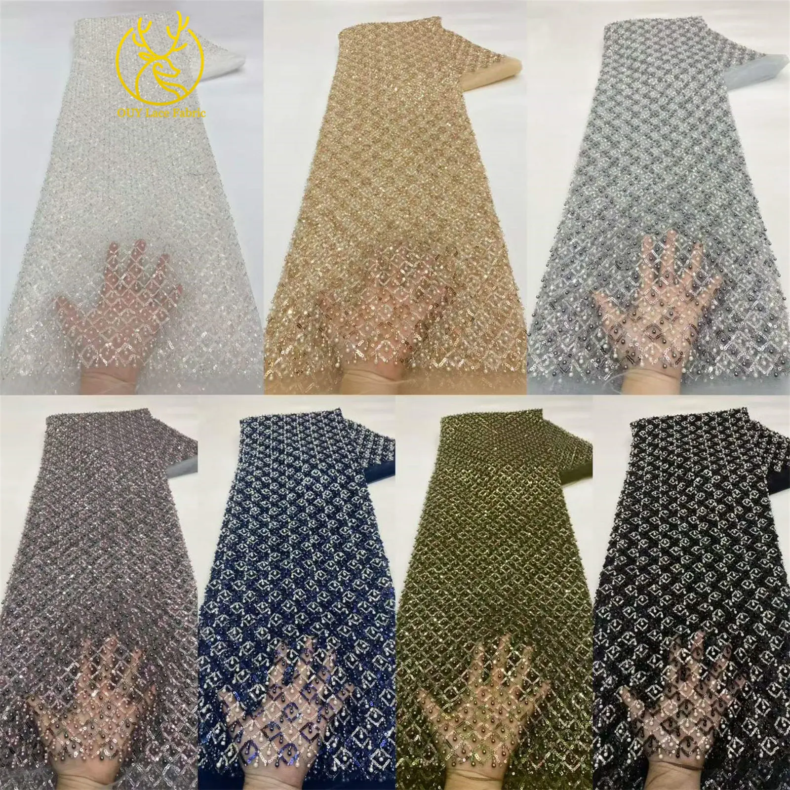 Olivgrüner afrikanischer Spitzenstoff, französischer Mesh-Spitzenstoff mit Pailletten und Perlen, Tüll-Mesh-Spitzenstoff für Damen, Hochzeitsfeier, Abendkleid, Nähen – Detail 3