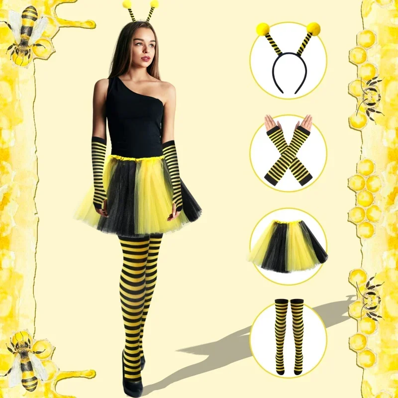 Halloween Cosplay Women Kids Yellow Honey Bee Costume Set Antenna Headband Tutu Skirt Striped Stocks Gloves Dance Stage Props