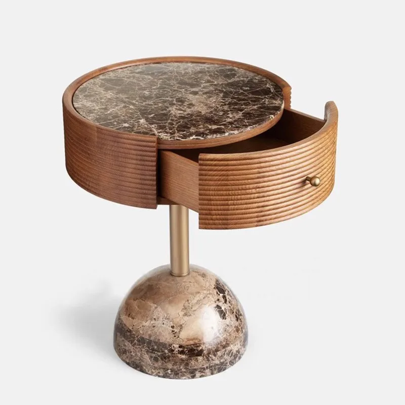 Light luxury natural marble bedside table round solid wood wabi-sabi wind small table