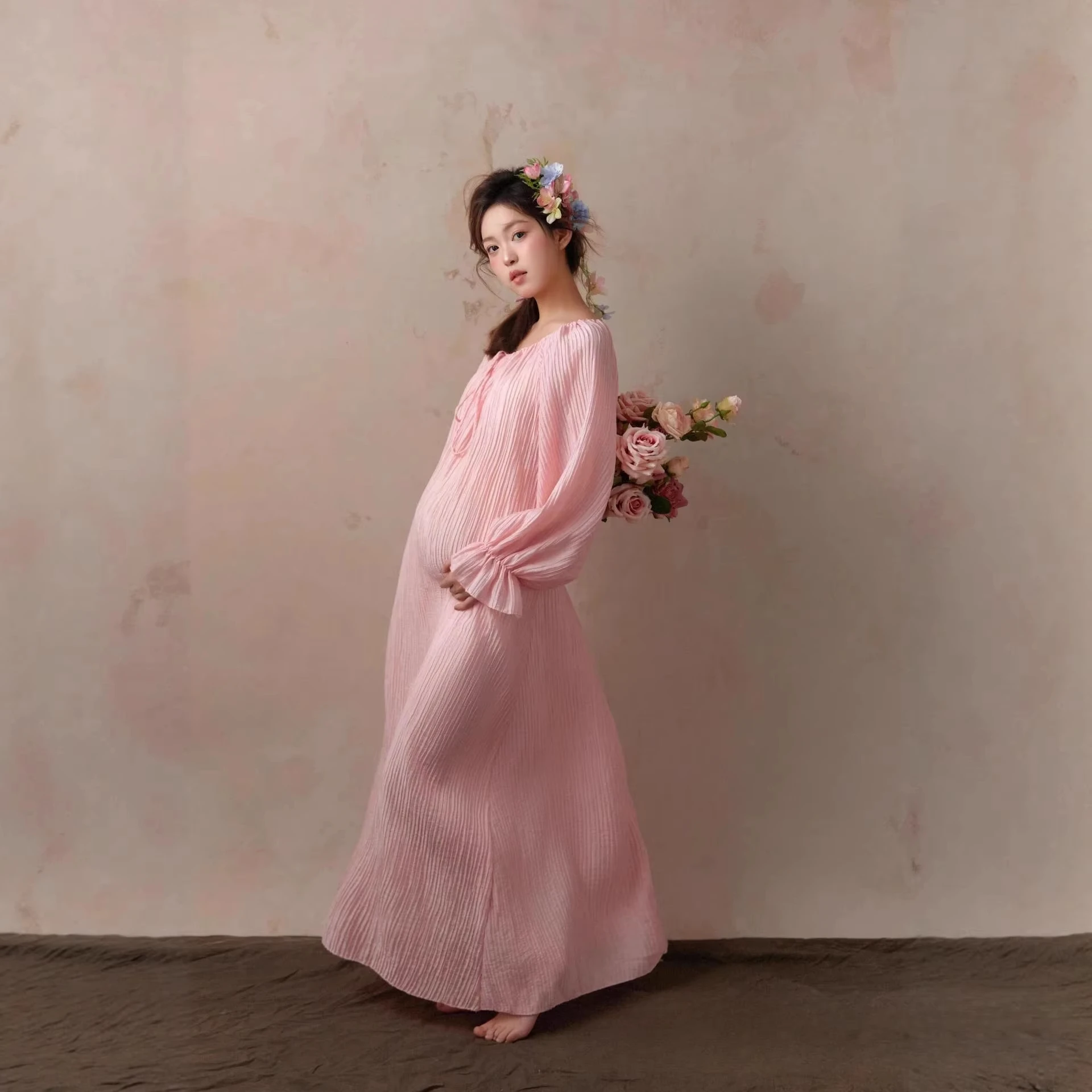 Maternity Photography Dress Elegant Pink Gown French Style Outfit for Pregnancy Photoshoot Indoor Studio Maternity Photo Props