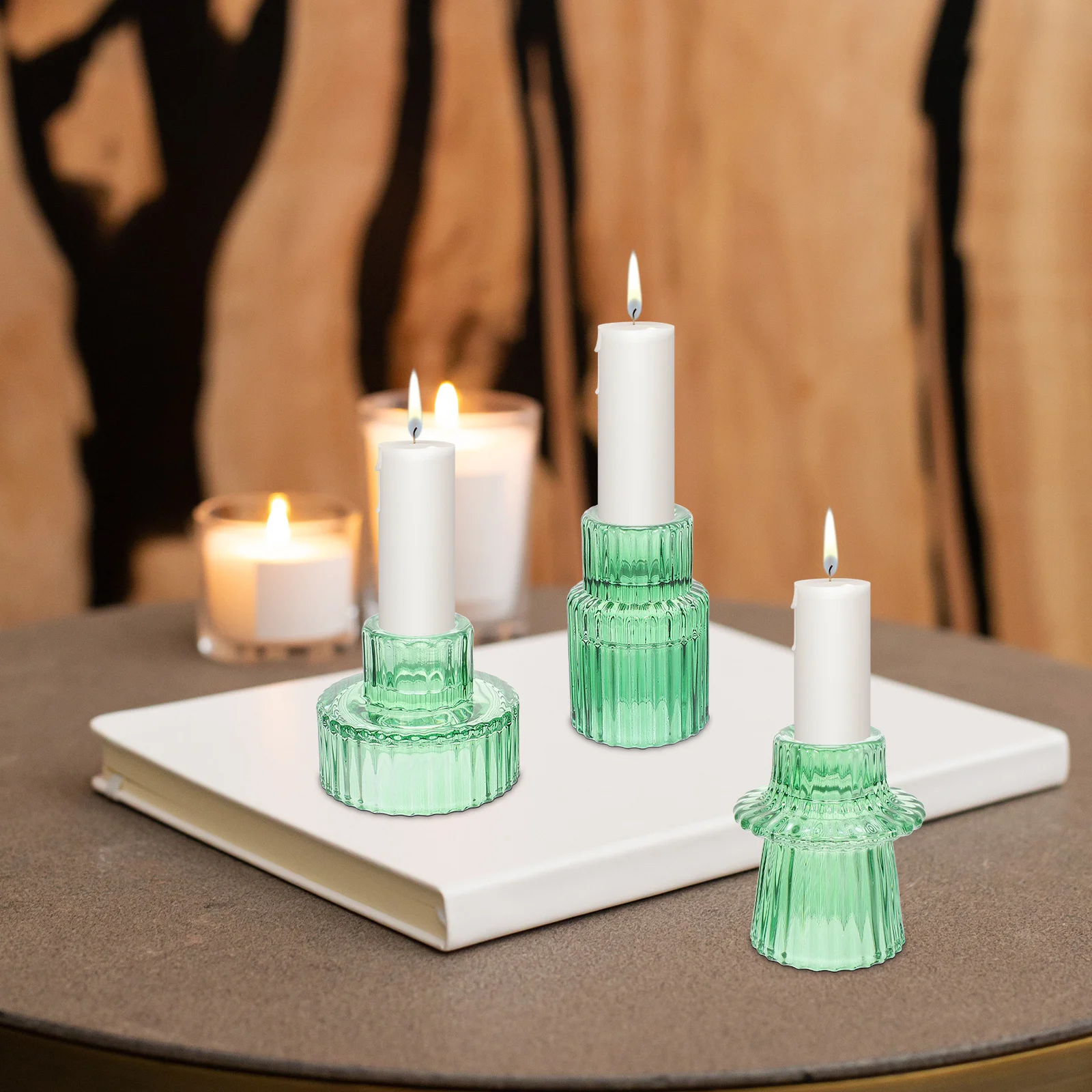 

6Pcs Vertical Ribbed Glass Holder Pillar Candlestick Decorative Tabletop Stand Glass Candlestick