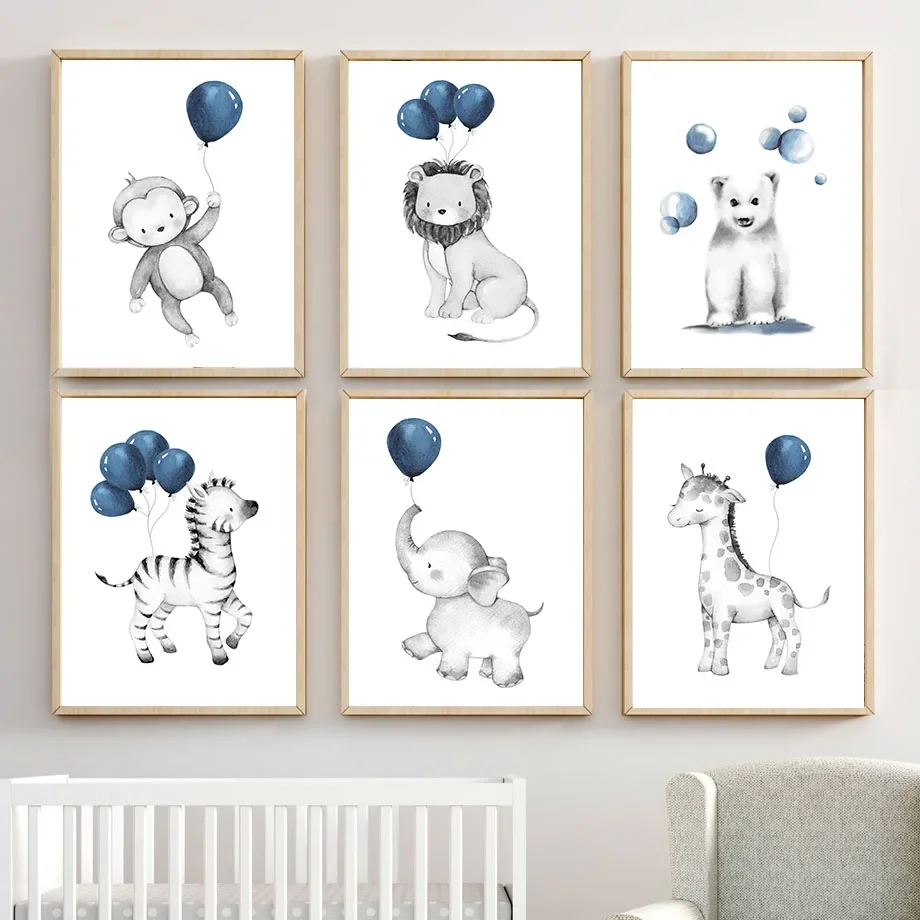 

Cartoon Balloon Animals Lion Monkey Elephant Nordic Posters And Prints Wall Art Canvas Painting Pictures Baby Kids Room Decor