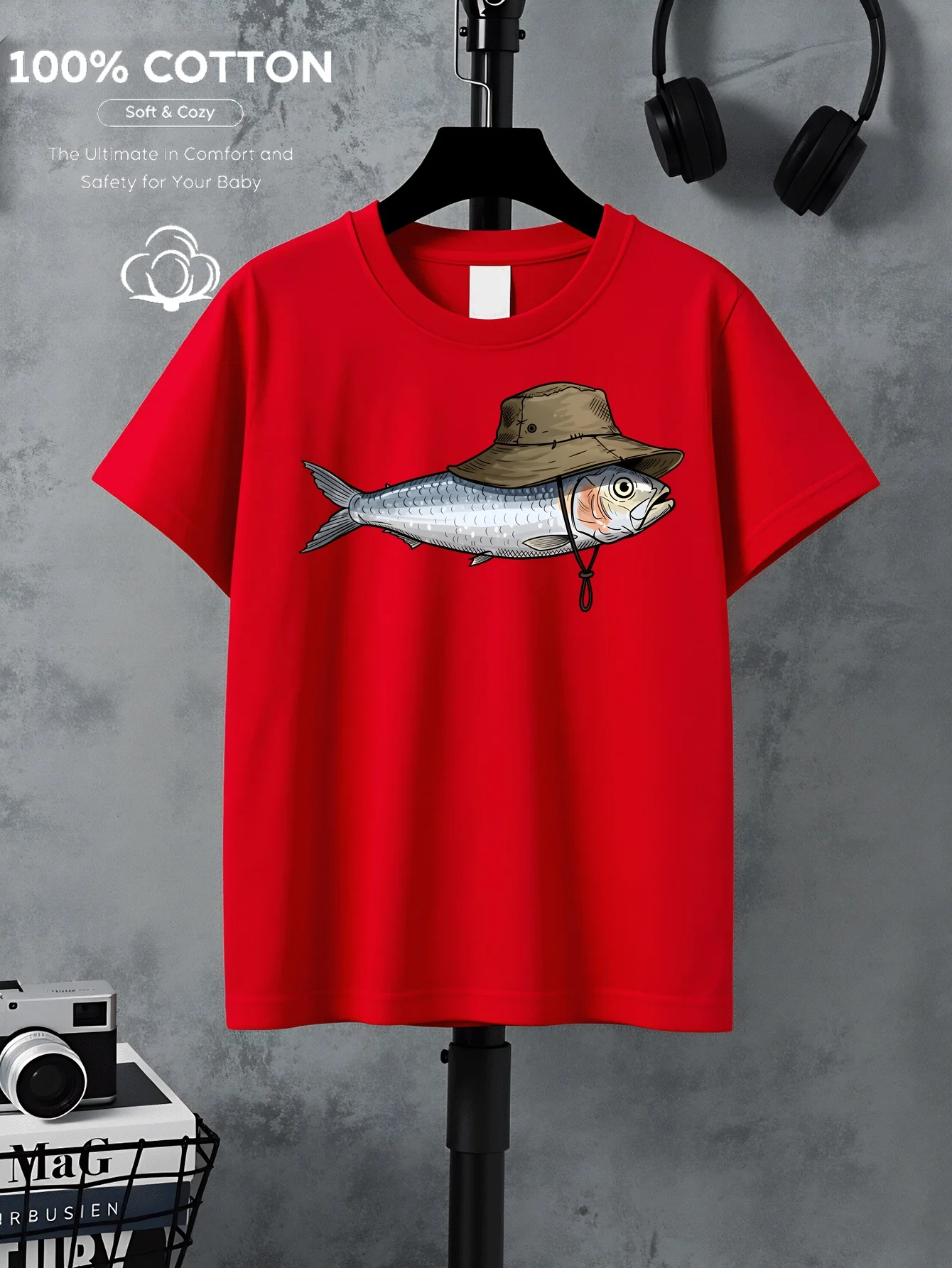 Wearing A Hat Small Fish Pattern Printed T-shirt Round Neck Top, Children's Daily Versatile and Fashionable Parent-child Outfit