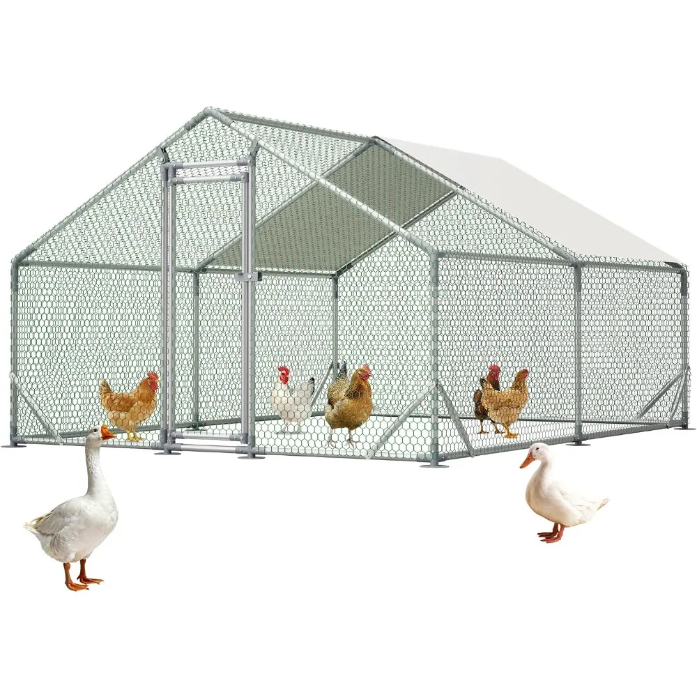 Metal Chicken Coop 13×10×6.56FT,Chicken Run Pen with Spire Roof,Water-Proof and UV-Proof Cover,