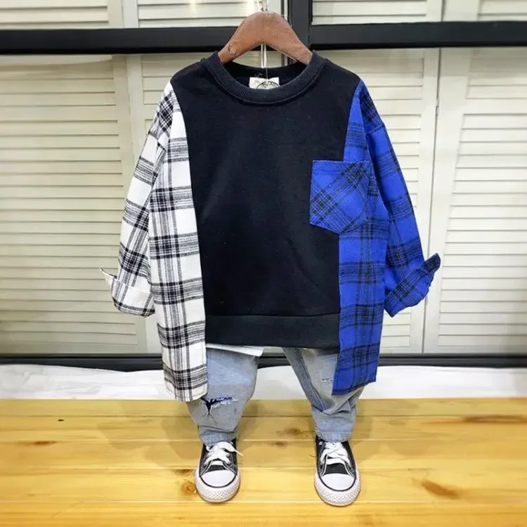 

2023 Children's Patchwork Sweatshirts for Boys Cotton O-Neck Long Sleeve Boy Tops Kids Autumn Clothes 4 5 6 7 8 9 10 11 12 Years