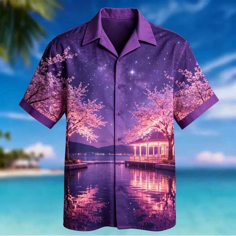 Men's Vacation Style Night Print Short Sleeved shirt, Suitable For Summer travel, Outdoor exploration, And Daily Dressing