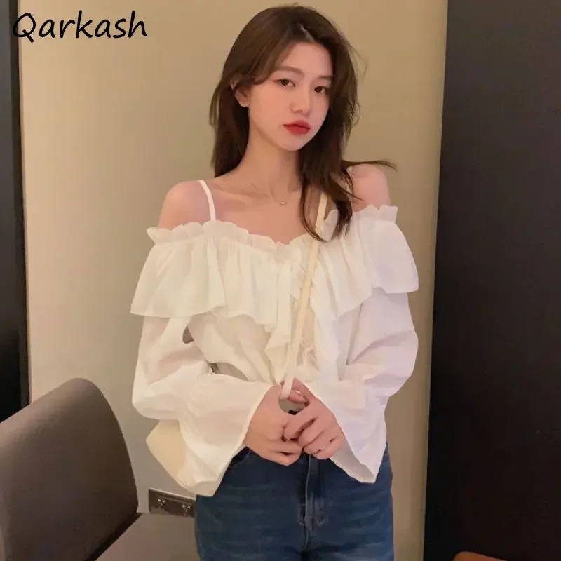 

Блузки женские мешковатые с оборками темперамент во французском стиле уютная мода с открытыми плечами весенняя универсальная элегантная повседневная уличная одежда эстетичная