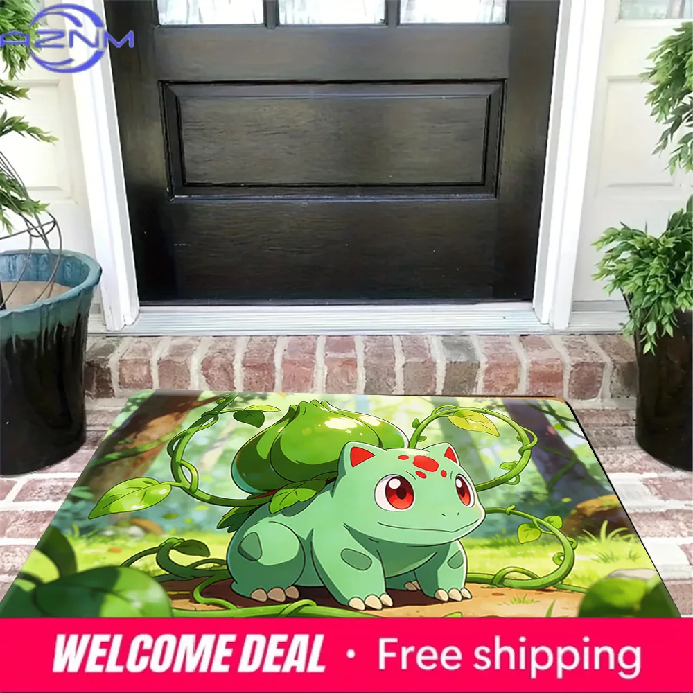 Cute Bulbasaur in Sunlit Forest with Vines Print Non-slip Doormat, Soft Absorbent Floor Rug for Home Decor