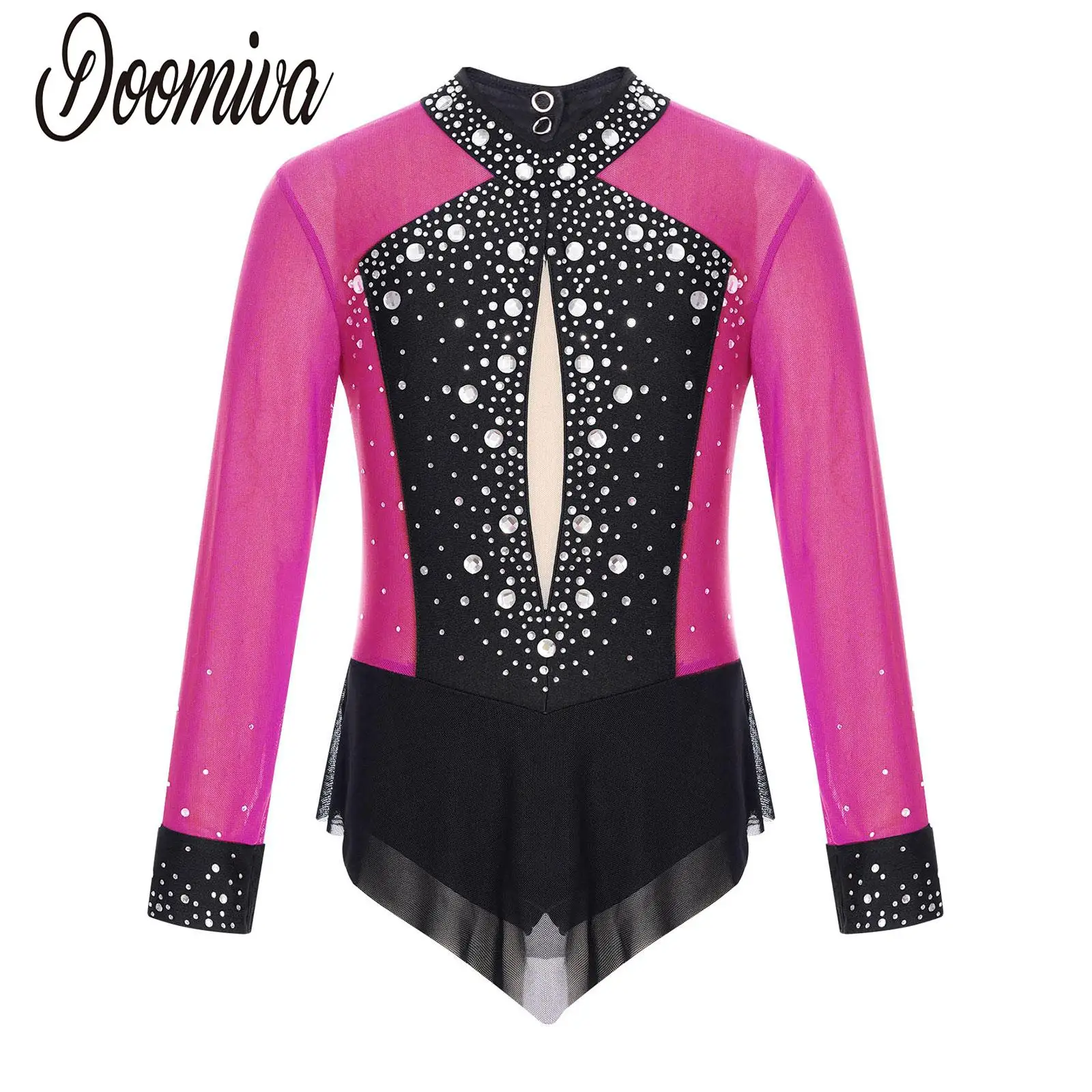 

Girls Shiny Figure Ice Skating Dress Rhythmic Gymnastics Sheer Mesh Long Sleeve Leotards Skirted Lyrical Dance Dresses Dancewear