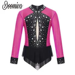 Girls Shiny Figure Ice Skating Dress Rhythmic Gymnastics Sheer Mesh Long Sleeve Leotards Skirted Lyrical Dance Dresses Dancewear