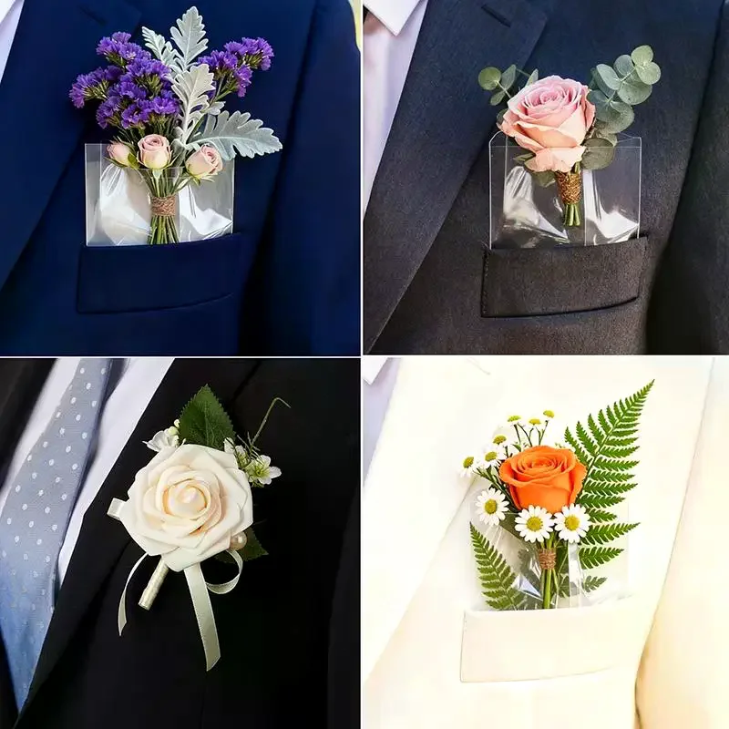 

Wedding Boutonniere Holders - 10-50pcs Reusable Satin Lapel Pouches with Adhesive Backing, No-Pin Flower Fasteners