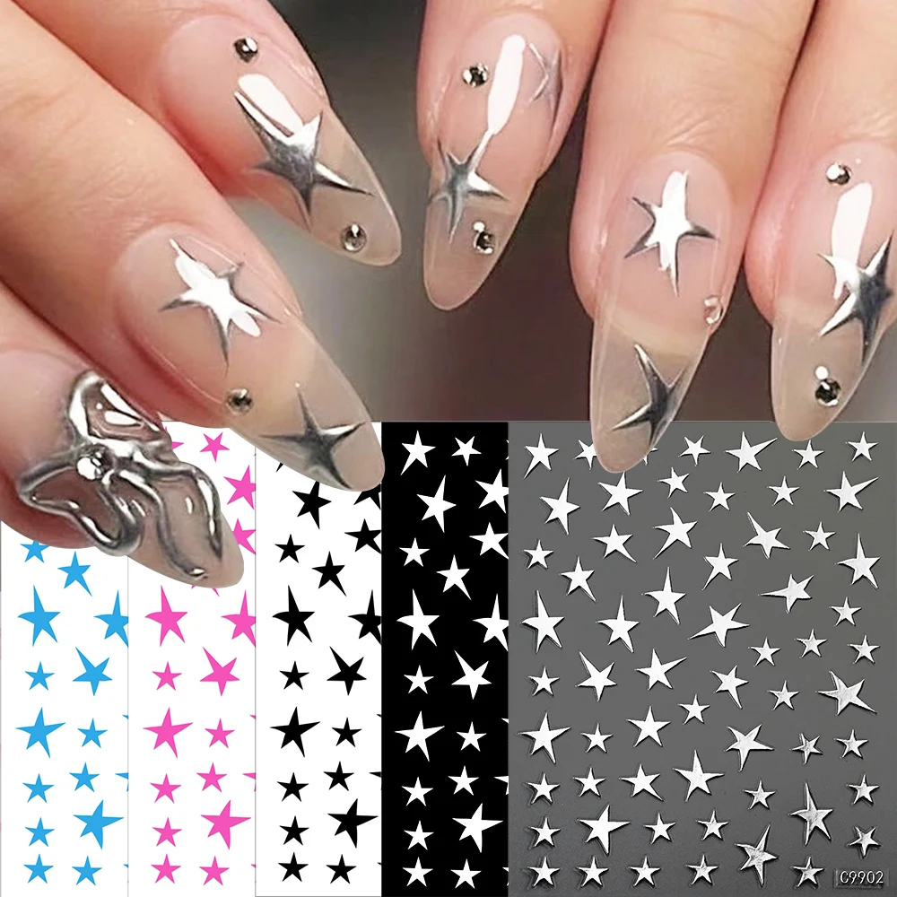 12Pcs 3D Gold Sliver Stars Nail Stickers Bronzing Starlight Nail Art Decals Self Adhesive Slider Decals DIY Nail Tips Decoration