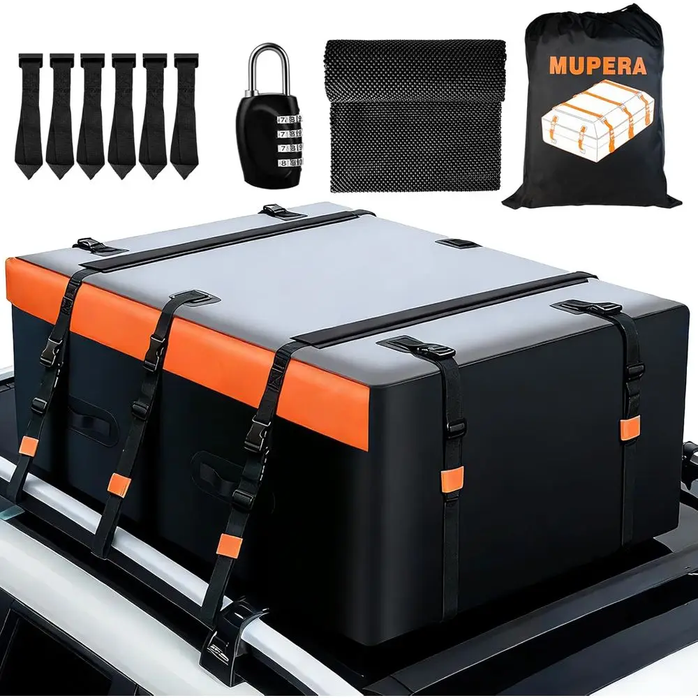 

21 Cut Car Roo Cargo Carrier, Waterproo Rootop Cargo Carrier with Strip Includes Anti-Slip Mat, 6 Door Hooks & Combination Lock