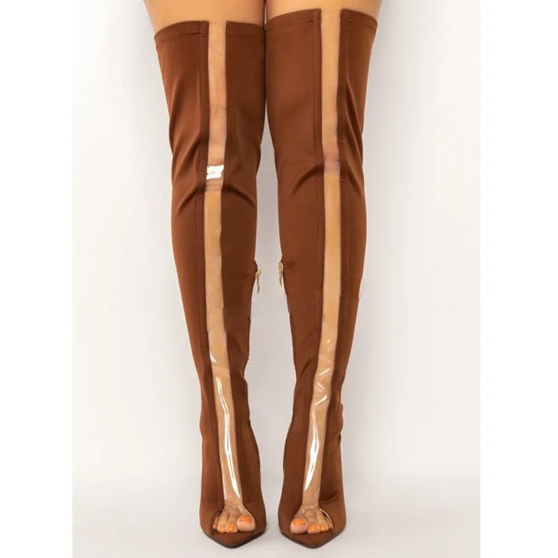 Fashion Elastic Satin Clear Pvc Patchwork Thigh Socks Boots Pointed Peep Toe Stiletto High Heels Tights Over Knee Boots